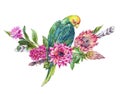 Tropical watercolor vintage wreath with pink flowers, protea and green parrot