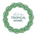 Tropical watercolor wreath of leaves on a white background.