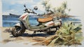 Tropical Watercolour Graphic Painting Of A Beach Scooter