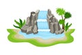 Tropical Waterfall with Cliffy Bounds and Exotic Plants Growing Around Vector Illustration Royalty Free Stock Photo