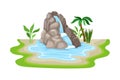 Tropical Waterfall with Cliffy Bounds and Exotic Plants Growing Around Vector Illustration Royalty Free Stock Photo