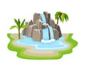 Tropical Waterfall with Cliffy Bounds and Exotic Plants Growing Around Vector Illustration Royalty Free Stock Photo