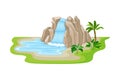 Tropical Waterfall with Cliffy Bounds and Exotic Plants Growing Around Vector Illustration Royalty Free Stock Photo