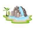 Tropical Waterfall with Cliffy Bounds and Exotic Plants Growing Around Vector Illustration Royalty Free Stock Photo