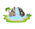 Tropical Waterfall with Cliffy Bounds and Exotic Plants Growing Around Vector Illustration Royalty Free Stock Photo