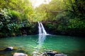 Tropical waterfall Lower Waikamoi Falls and a small crystal clear pond, inside of a dense tropical rainforest, off the Road to Han