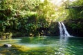Tropical waterfall Lower Waikamoi Falls and a small crystal clear pond, inside of a dense tropical rainforest, off the Road to Han