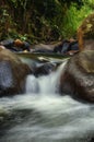 Tropical waterfall in lush surrounded by green forest.wet rock and moss.selective focus shot
