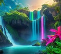 Tropical waterfall with neon colors