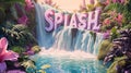 Tropical Waterfall Oasis with Vibrant Splash Text Illustration Royalty Free Stock Photo