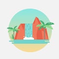 Tropical waterfall with palm trees. Vector flat illustration.