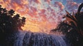 Dramatic Sunset Over Tropical Waterfall and Lush Foliage Royalty Free Stock Photo