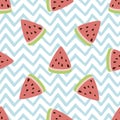 Tropical watermelon slice design on striped blue background seamless pattern wallpaper backdrop. Vector art Royalty Free Stock Photo