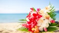 Tropical wedding bouquet on sandy serene beach backdrop