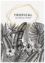 Tropical wedding invitation or card design. Hand drawn palm leaves and exotic flowers background. Vintage tropical illustration