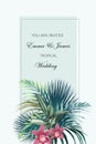 Tropical wedding invitation. Greeting card template design, exotic orchid flowers and tropical leaf