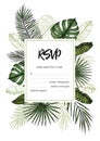 Tropical wedding RSVP. Invitation with palm leaves. Hand drawn v