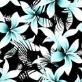 Tropical white frangipani hibiscus with black palms seamless pat