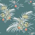 Tropical white palms leaves and flowers seamless pattern . Palm tree leaves decoration on blue background. Royalty Free Stock Photo