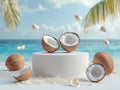 Tropical white podium with coconut and seashells Royalty Free Stock Photo