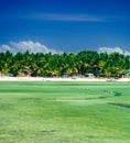 Tropical white sand beach with green palm trees and parked fishing boats in the sand. Exotic island paradise Royalty Free Stock Photo