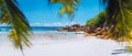 Tropical white sand beach on paradise island. Exotic Summer vacation travel relaxation holiday background concept Royalty Free Stock Photo