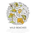 Tropical wild beach - icon hand draw concept in round forms. Unplugged Royalty Free Stock Photo