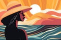 young woman beige bikini vacation tanned black beach hat concept summer. Generative AI.