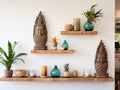 Tropical Wood Floating Shelf with Tiki Frames and a Pineapple - AI Generated