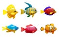 Set Tropical yellow fish, coral reef exotic pet animal. Collection Aquarium sea life, vector illustartion cartoon style Royalty Free Stock Photo