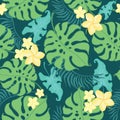 Tropical yellow flowers seamless repeat pattern.