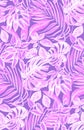 Tropical plants pattern in pastels shadows. Watercolors stylized pastel violet leaves illustration