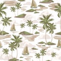 Tropics background with sailing boats, exotic islands, palm trees silhouettes, ocean sea waves texture