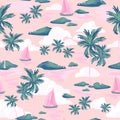 Tropics background with sailing boats, exotic islands, palm trees silhouettes, ocean sea waves texture