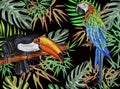 Watercolor pattern with macaw parrot, toucan, jungle leaves on a dark background. Tropics.