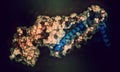 Troponin, 3D rendering: structure of the human cardiac troponin core domain. Composed of three subunits (C, T and I). Cartoon