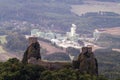 Trosky castle ruin in Bohemian Paradise on aerial photo Royalty Free Stock Photo