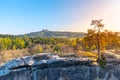 Trosky castle ruins. Two towers of old medieval castle on the hill. Landscape of Bohemian Paradise, Czech: Cesky raj