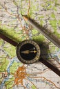 Trostyanets, Okhtyrka, Sumy oblast/ Ukraine. October, 8, 2019. Old compass and a pencil on the map background, concept of travel Royalty Free Stock Photo