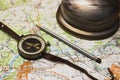 Trostyanets, Okhtyrka, Sumy oblast/ Ukraine. October, 8, 2019. Old compass and a pencil on the map background, concept of travel Royalty Free Stock Photo