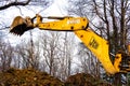 Trostyanets, Ukraine December 20, 2019: excavator digging soil in forest.
