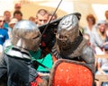 TROSTYANETS, UKRAINE - JUNE 30, 2018: knights tournament festival fight on arena