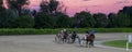 Trotting racehorses and rider on a stadium track.Horse running on the track with the rider at sunset.