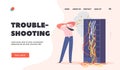 Trouble Shooting Landing Page Template. Sysadmin Character Servicing Server Racks with Short Circuit Vector Illustration Royalty Free Stock Photo