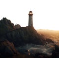 troubled sea with a lighthouse in the sunset ocean on a steep cliff. transparent PNG Royalty Free Stock Photo