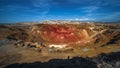 Troulloi copper mine in Cyprus. Abandoned open pit and red cap gossan rich with iron oxides and quartz Royalty Free Stock Photo