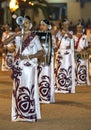 A troupe of beautifully dressed female musicians perform at the Kataragama Festival in Sri Lanka.