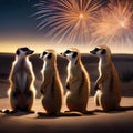 A troupe of meerkats standing in a circle, watching a New Years Eve firework display in the desert2