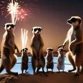 A troupe of meerkats standing in a circle, watching a New Years Eve firework display in the desert5
