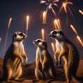 A troupe of meerkats standing in a circle, watching a New Years Eve firework display in the desert1